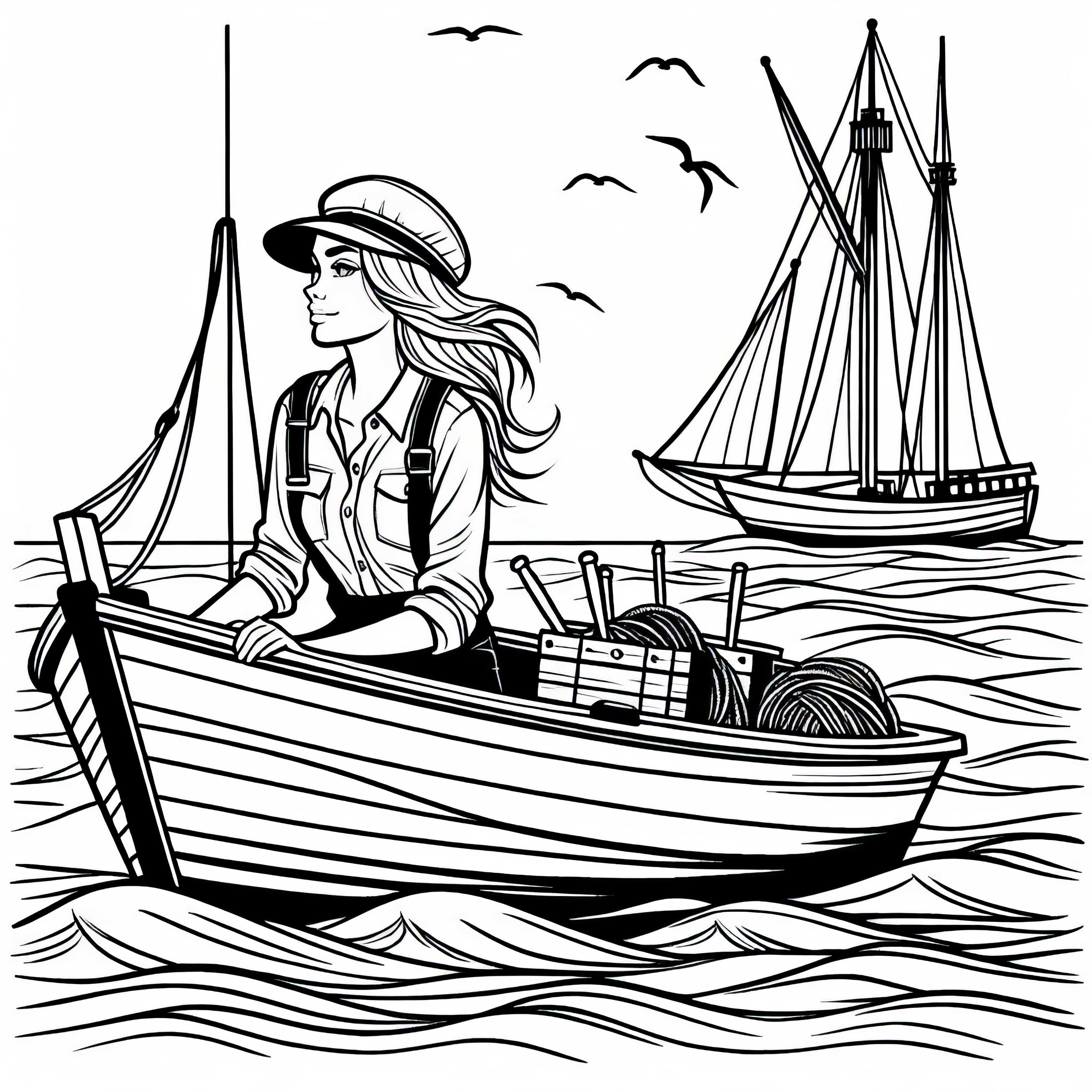 Femme pêcheuse navigue sur le lac - Dessin à colorier gratuit