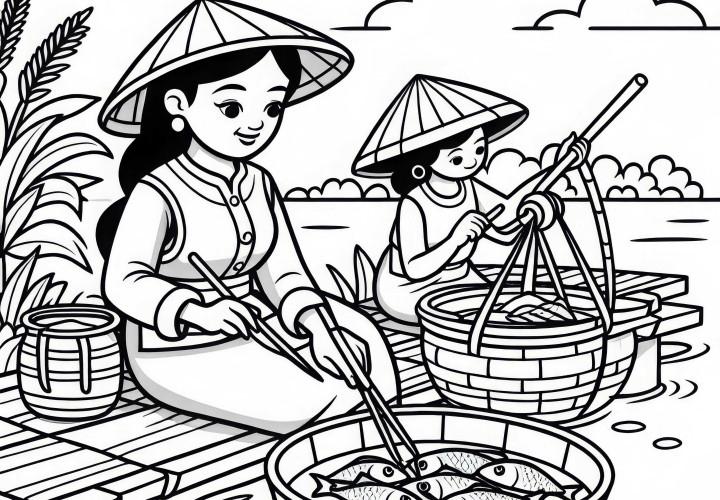 Femme pêcheuse au bord de l'eau – Dessin à colorier gratuit