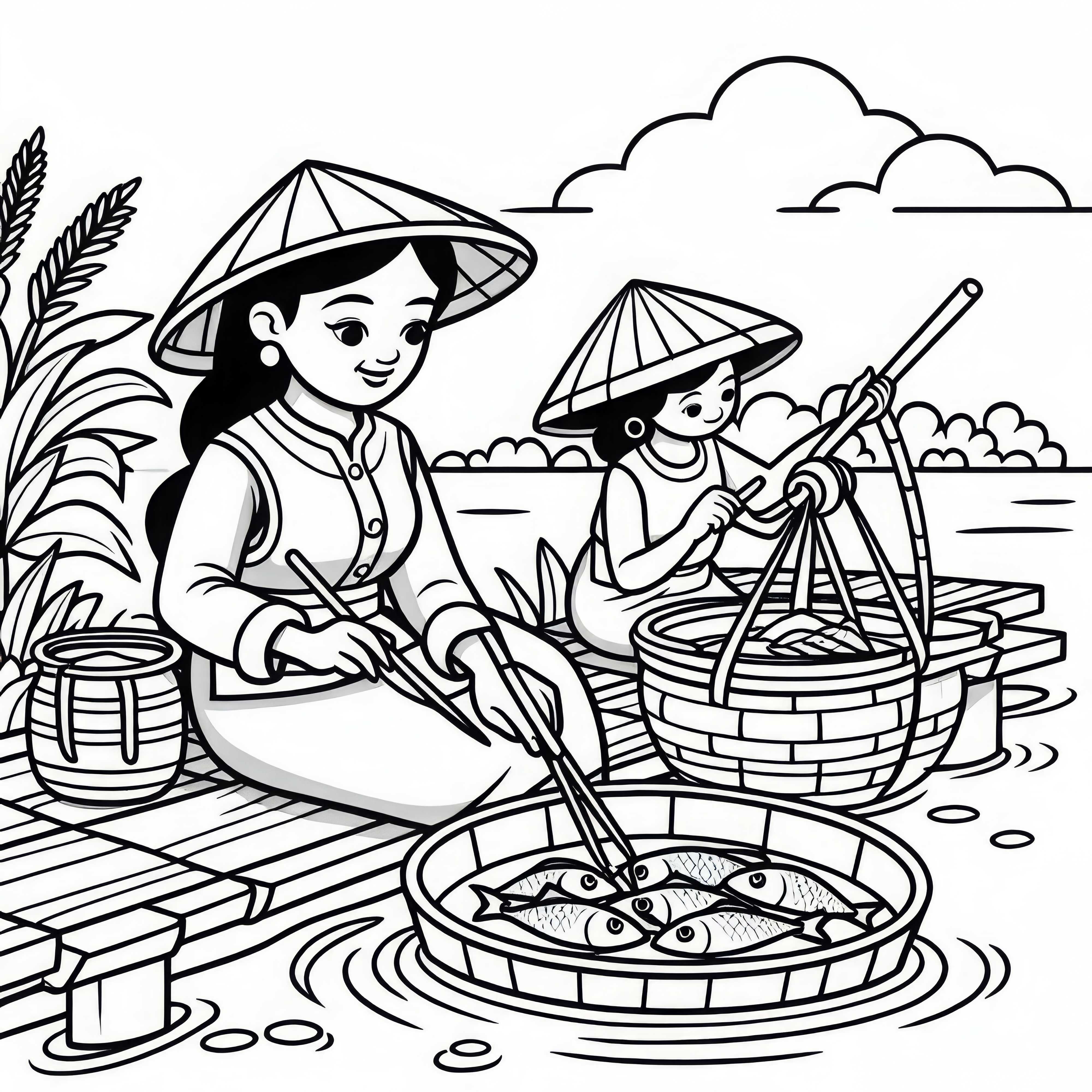 Femme pêcheuse au bord de l'eau – Image à colorier gratuite