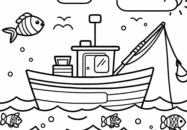 Modèle de coloriage de bateau de pêche facile gratuit