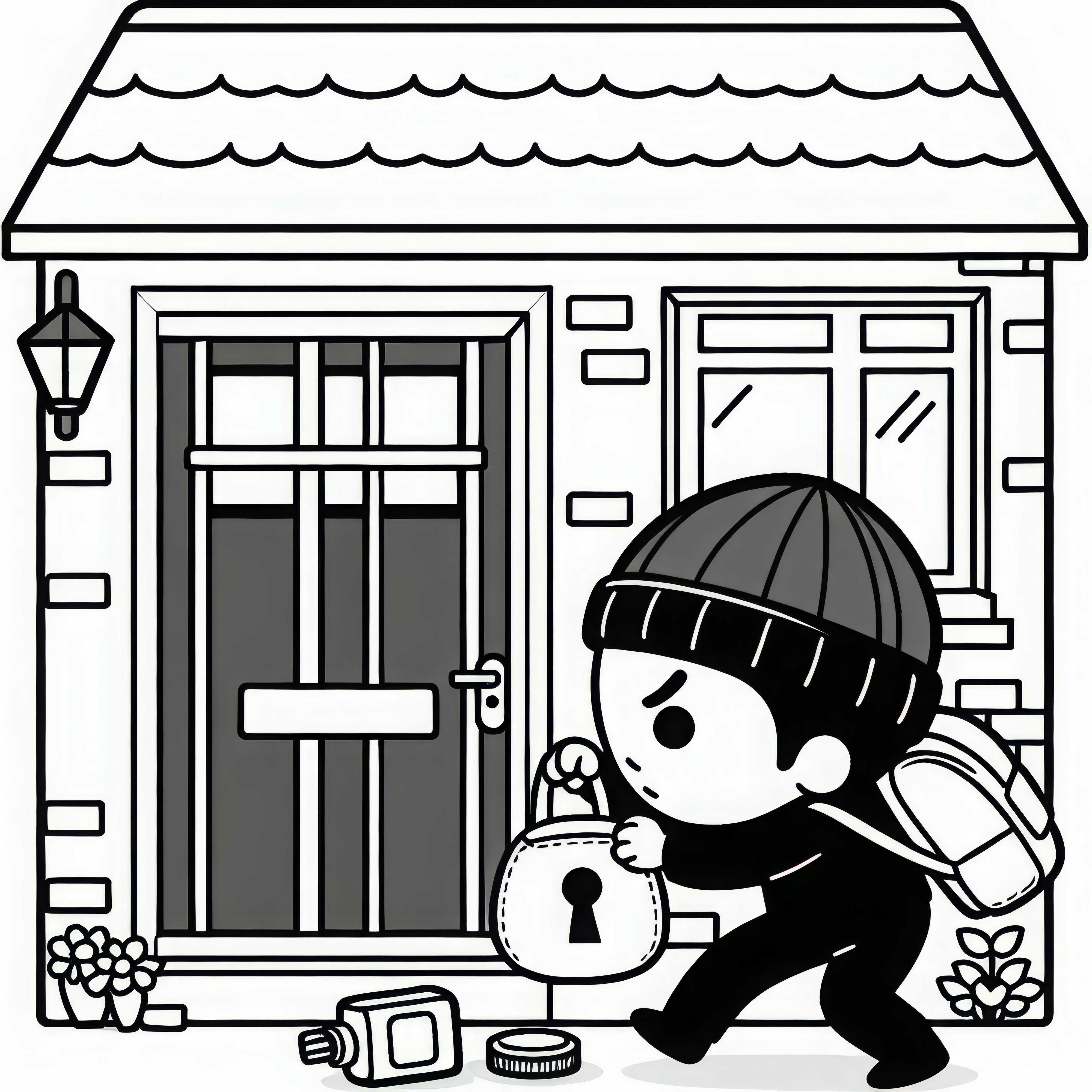 Criminal breaks into house – Simple coloring page for free