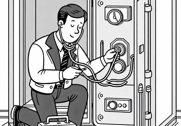 Criminal opens safe with stethoscope - Free coloring template Criminal opens safe with stethoscope - Free coloring page
