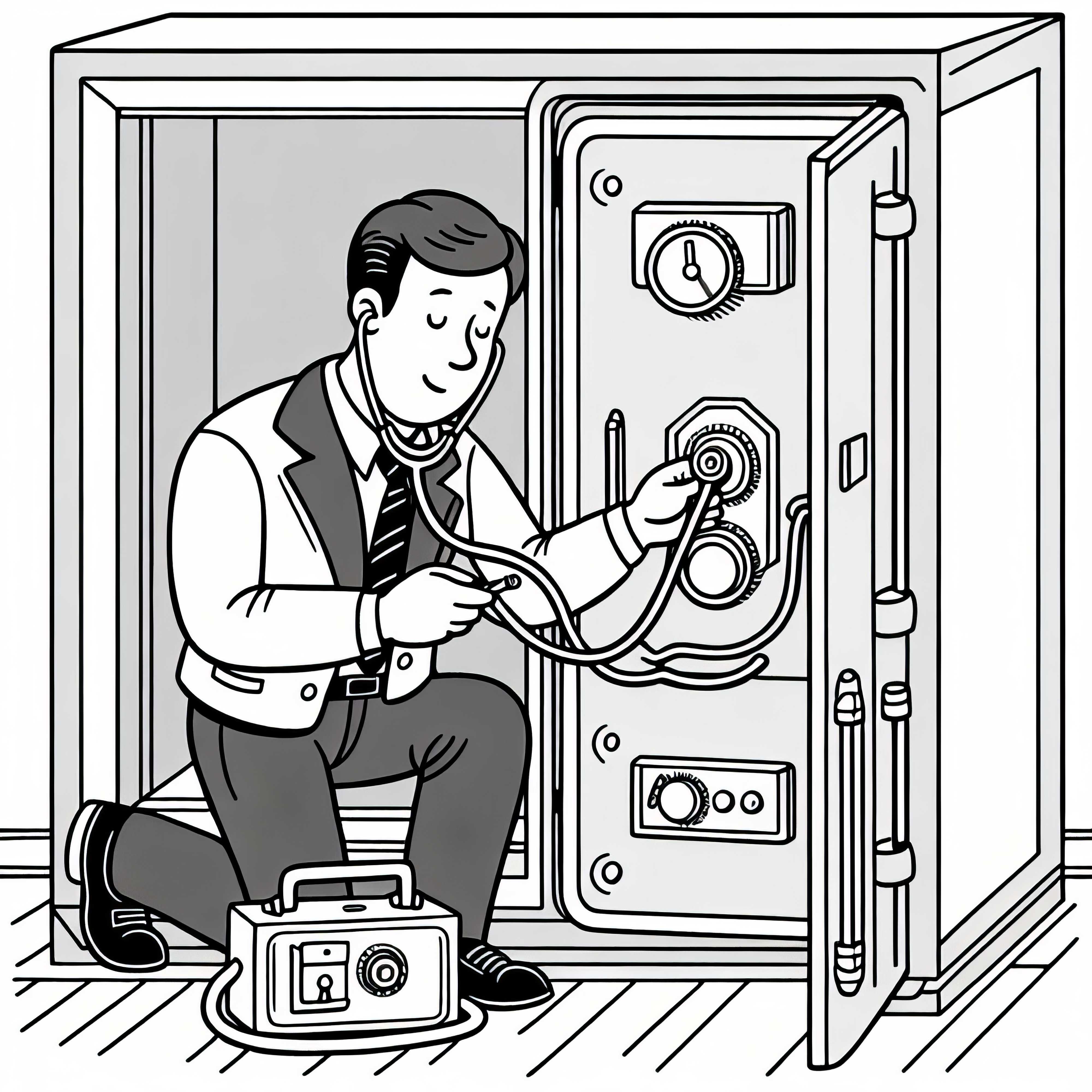 Criminal opens safe with stethoscope – Free coloring page