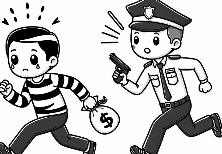 Criminal is pursued by police - free coloring page