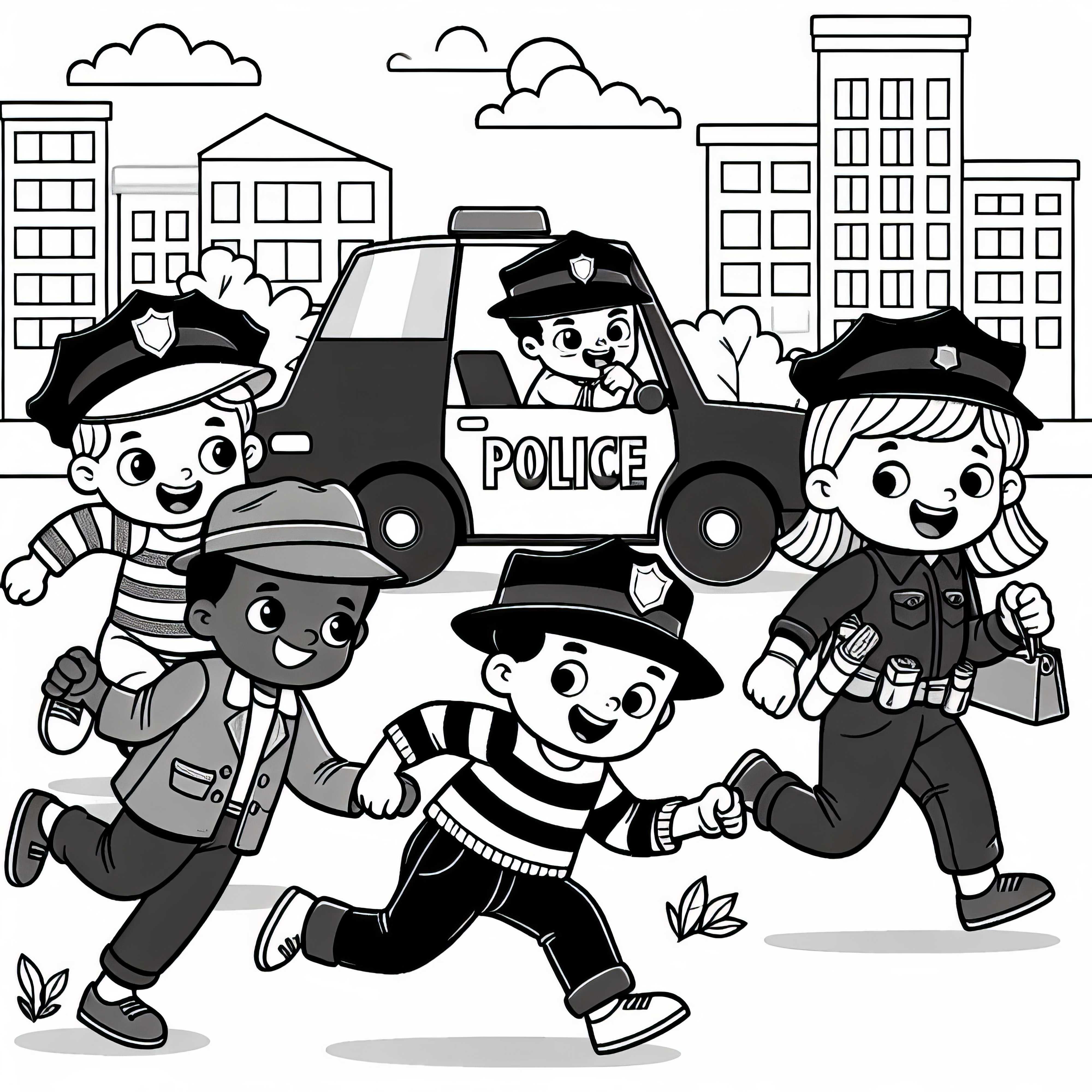 Children play criminal coloring template simple free