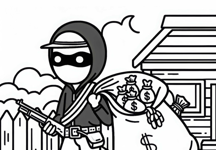 Criminal takes loot away in a bag - Free coloring page Criminal carries loot away in a bag - Free coloring page