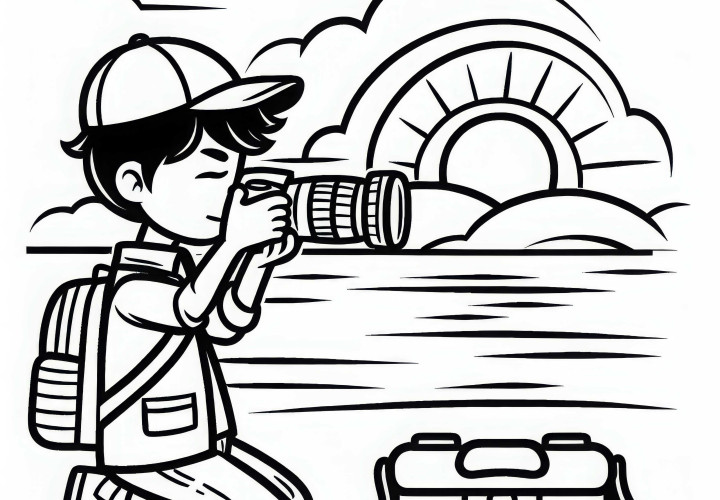 Photographer taking a photo of a sunset: Free coloring page Photographer taking a picture of a sunset: Free coloring page