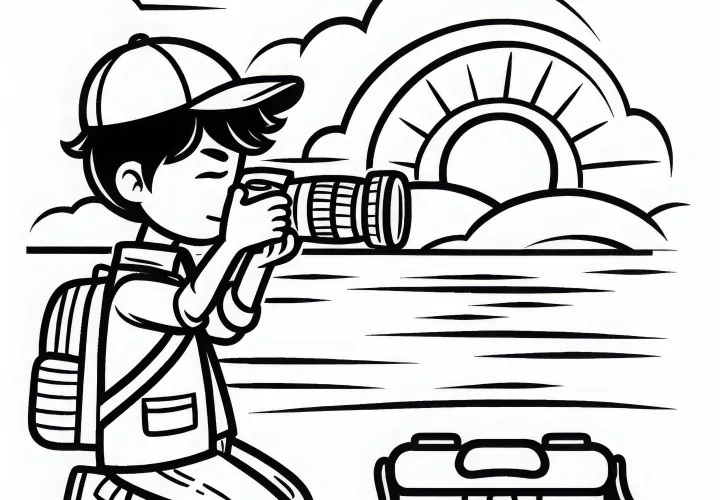 Fotógrafo fotografiando un atardecer: Imagen para colorear gratis