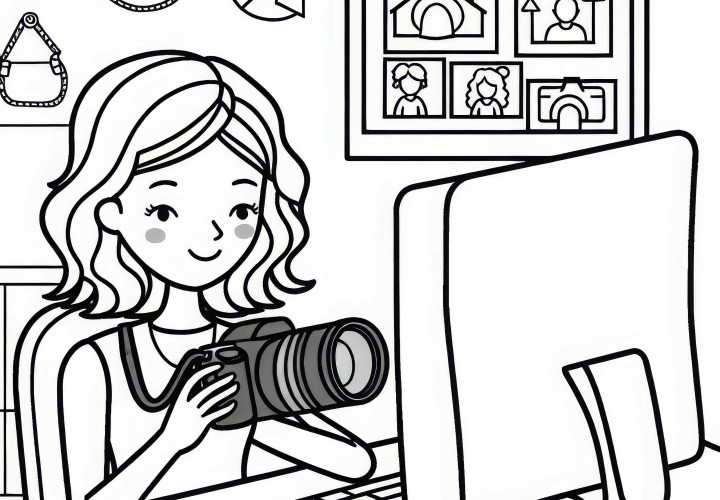Photographer editing images on the computer - free coloring template Photographer editing images on the computer – Free coloring template