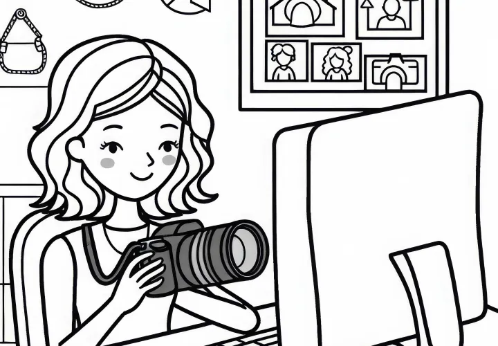 Fotógrafa editando imágenes en la computadora - Plantilla para colorear gratis