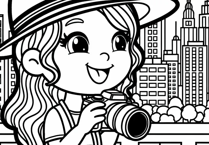Fotógrafa tomando una fotografía de un paisaje urbano - dibujo para colorear gratuito