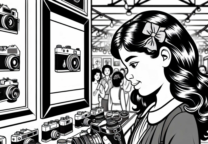 Photographer inspects old cameras in exhibition – Free coloring page