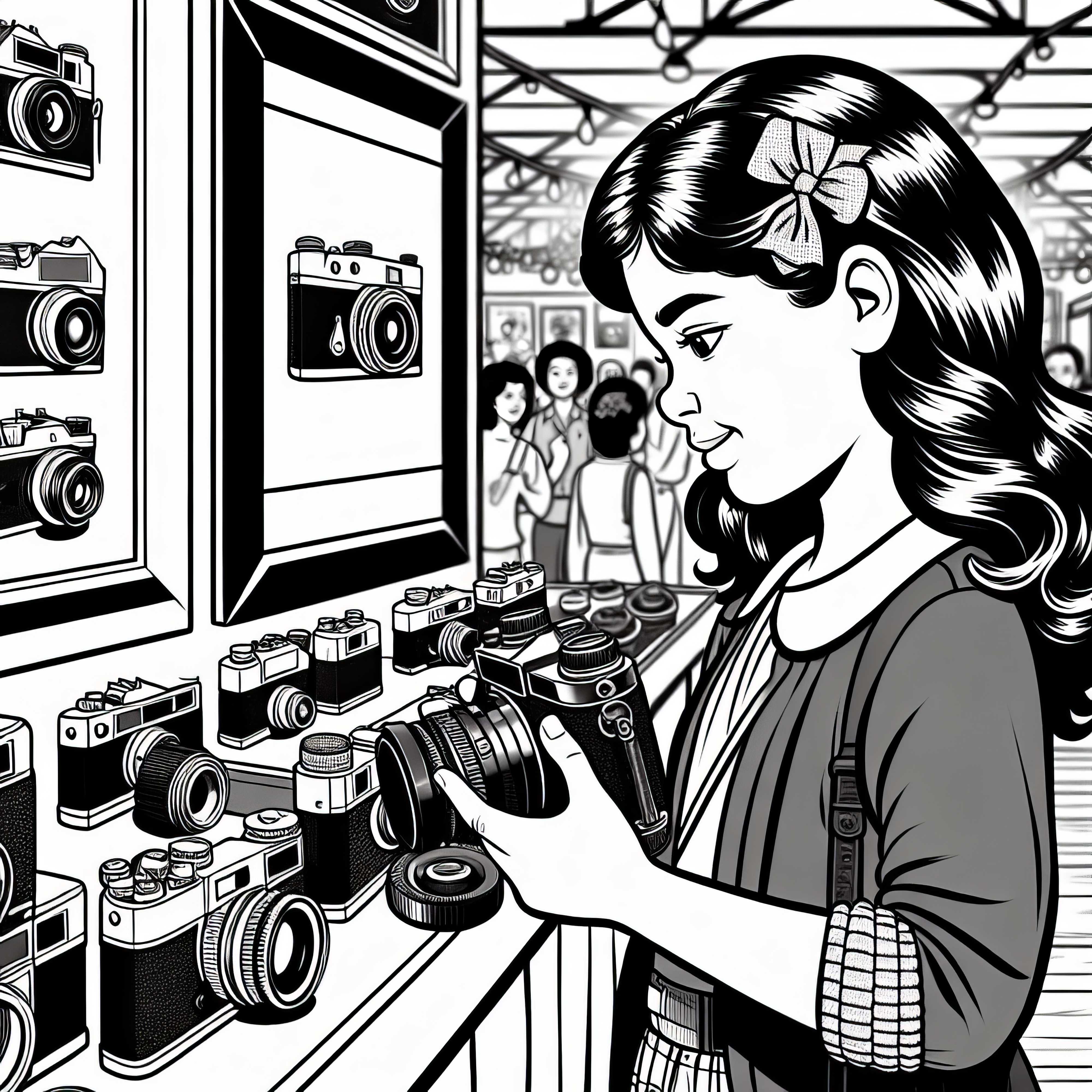 Photographer inspects old cameras in exhibition – Free coloring page