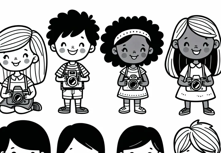 Niños con cámaras - Dibujo para colorear gratuito y sencillo