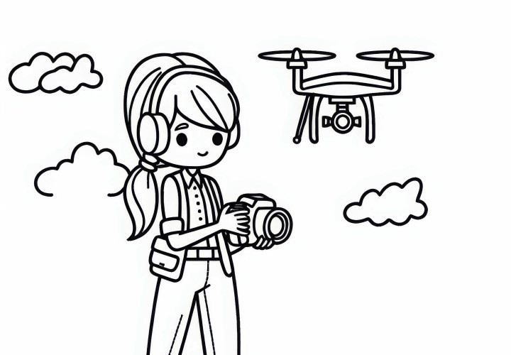 Photographer taking aerial photos with a drone - Coloring page free Photographer taking aerial shots with a drone - free coloring page