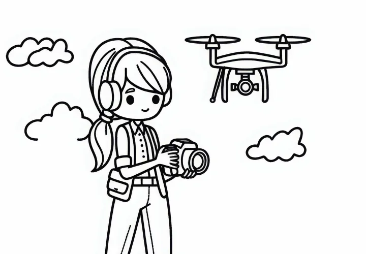 Fotógrafa que toma imágenes aéreas con dron - Plantilla para colorear gratuita