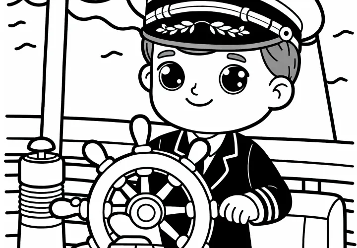Kapitan upravlja veliko ladjo za krmilom - brezplačna slika za obarvanje