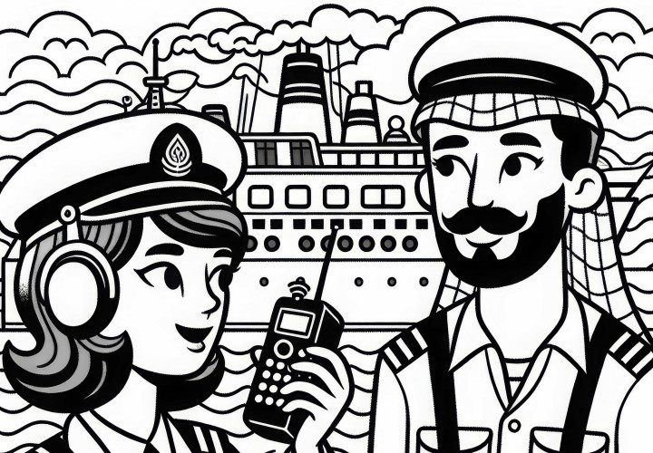 Kapitän spricht mit Crew-Mitglied – Ausmalbild gratis Kapitän spricht mit Crew-Mitglied – Ausmalbild gratis