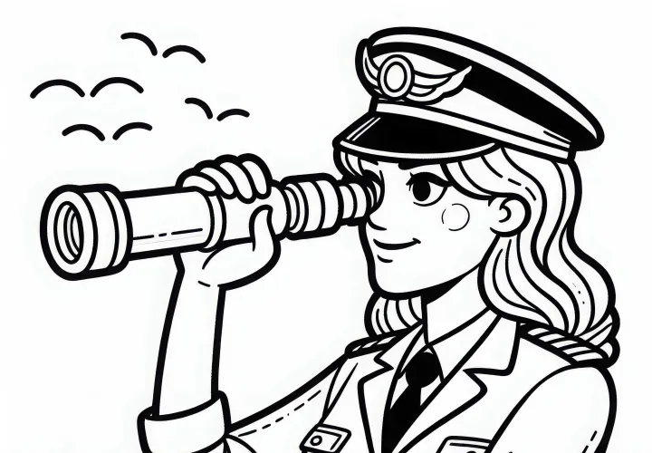 Kapetanka ladje z daljnogledom gleda v daljavo – brezplačna barvna predloga