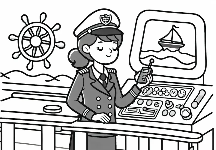 Kapitan/reka daje navodila na mostu - brezplačen predloga za barvanje