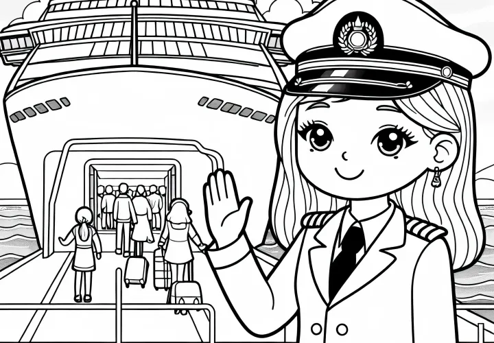 Kapitanja ladje pozdravlja potnike na križarjenju – Brezplačna slika za pobarvanje