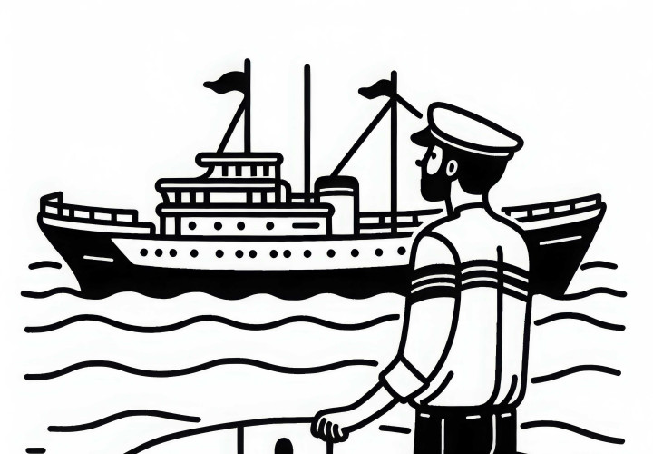 Schiffskapitän schaut auf sein Schiff – Malvorlage einfach und gratis Schiffskapitän schaut auf sein Schiff – Malvorlage einfach und gratis
