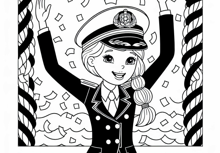 Schiffskapitänin bei Feier auf dem Schiff in Gala-Uniform - Ausmalbild kostenlos Schiffskapitänin bei Feier auf dem Schiff in Gala-Uniform - Ausmalbild kostenlos