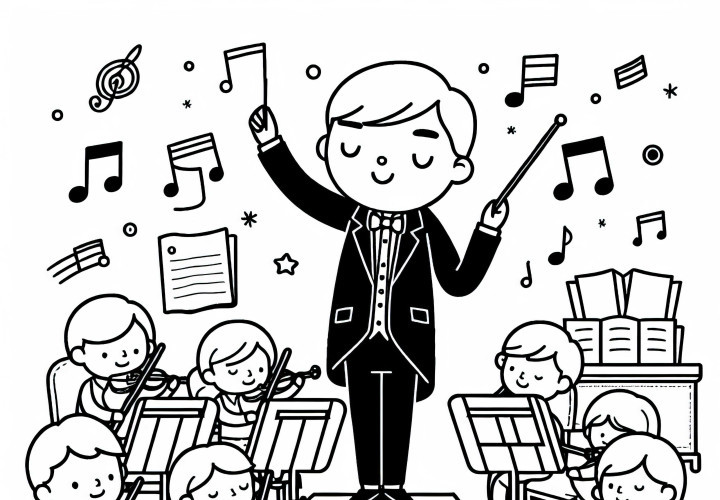 Dirigent dirigiert Orchester mit Taktstock – Ausmalbild gratis Dirigent dirigiert Orchester mit Taktstock – Ausmalbild gratis