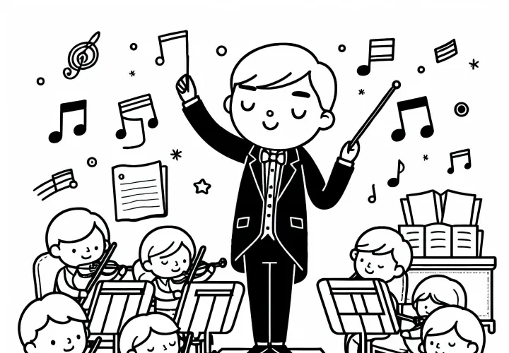Dirigent dirigiert Orchester mit Taktstock – Ausmalbild gratis