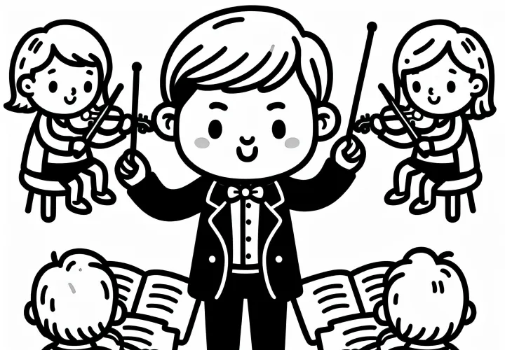 Dirigent bei Probe mit Musikern – Malvorlage gratis