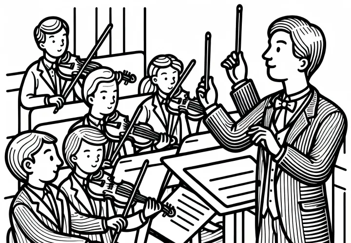 Dirigent gibt Anweisungen an die Streicher – Malvorlage gratis