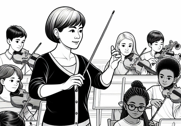 Dirigentin bei Meisterkurs für junge Musiker – Malvorlage gratis Dirigentin bei Meisterkurs für junge Musiker – Malvorlage gratis