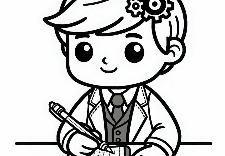 Opfinder tegner teknisk skitse i notesbog – Gratis farvelægningsbillede