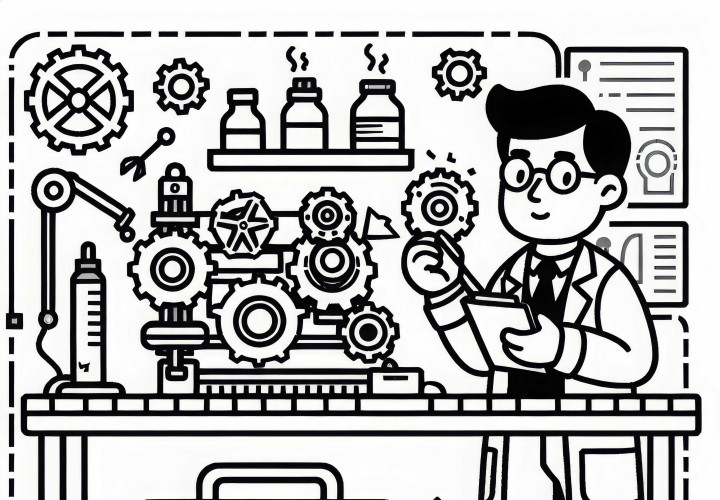 Erfinder testet Prototyp in der Werkstatt – Ausmalbild gratis Erfinder testet Prototyp in der Werkstatt – Ausmalbild gratis