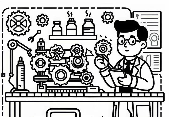 Opfinder tester prototype i værkstedet – Gratis malebillede