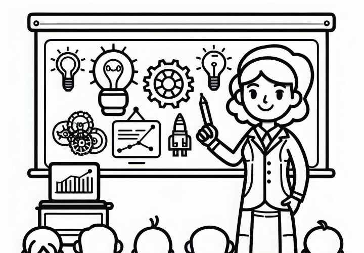 Erfinderin erklärt Idee in einer Präsentation – Ausmalbild gratis Erfinderin erklärt Idee in einer Präsentation – Ausmalbild gratis