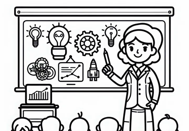 Opfinderinde forklarer idé i en præsentation – Malebog gratis