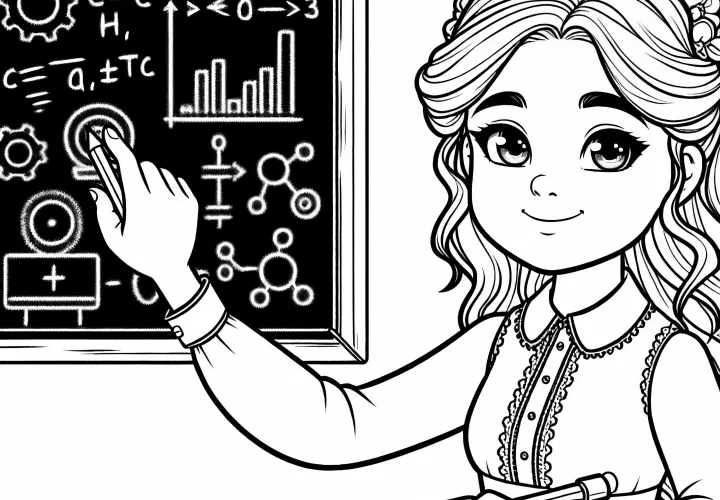 Opfinder skriver resultater på tavlen – Gratis tegning til udfyldning