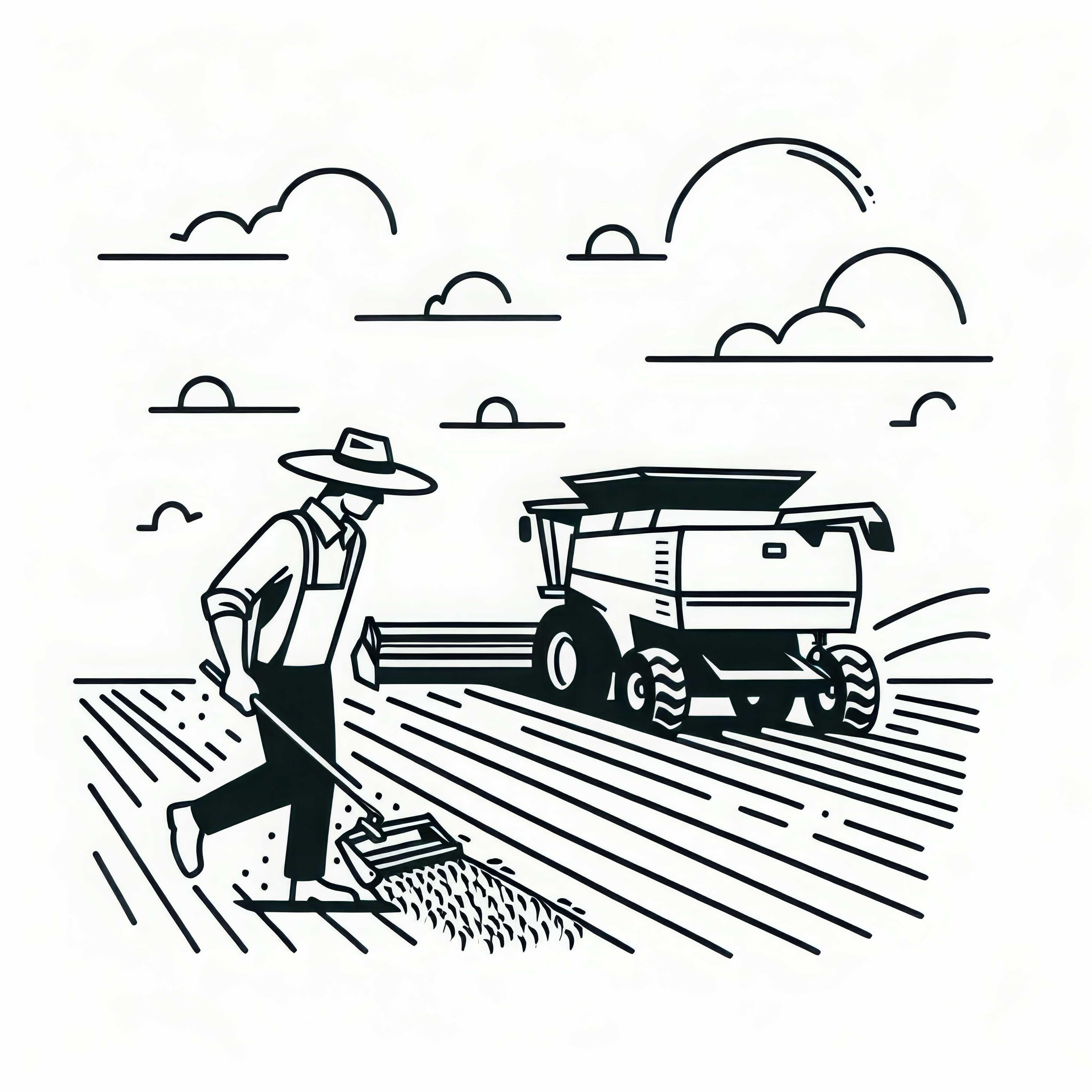 Ausmalbild mit Landwirt und Mähdrescher kostenlos zum Download