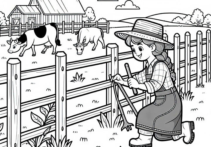 Farmer fixes fence on pasture - Free coloring page Farmer repairs fence on pasture – Free coloring page