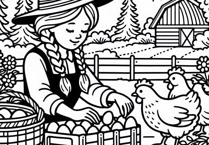 Landwirtin sammelt Eier von Hühnern – Malvorlage kostenlos Landwirtin sammelt Eier von Hühnern – Malvorlage kostenlos