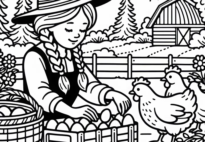 Landwirtin sammelt Eier von Hühnern – Malvorlage kostenlos