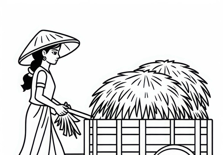 Landwirtin transportiert Heu mit Anhänger – Malvorlage gratis Landwirtin transportiert Heu mit Anhänger – Malvorlage gratis