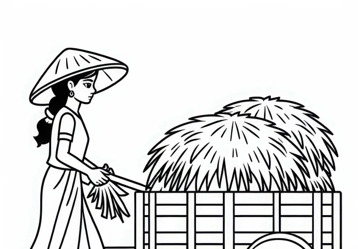 Landwirtin transportiert Heu mit Anhänger – Malvorlage gratis