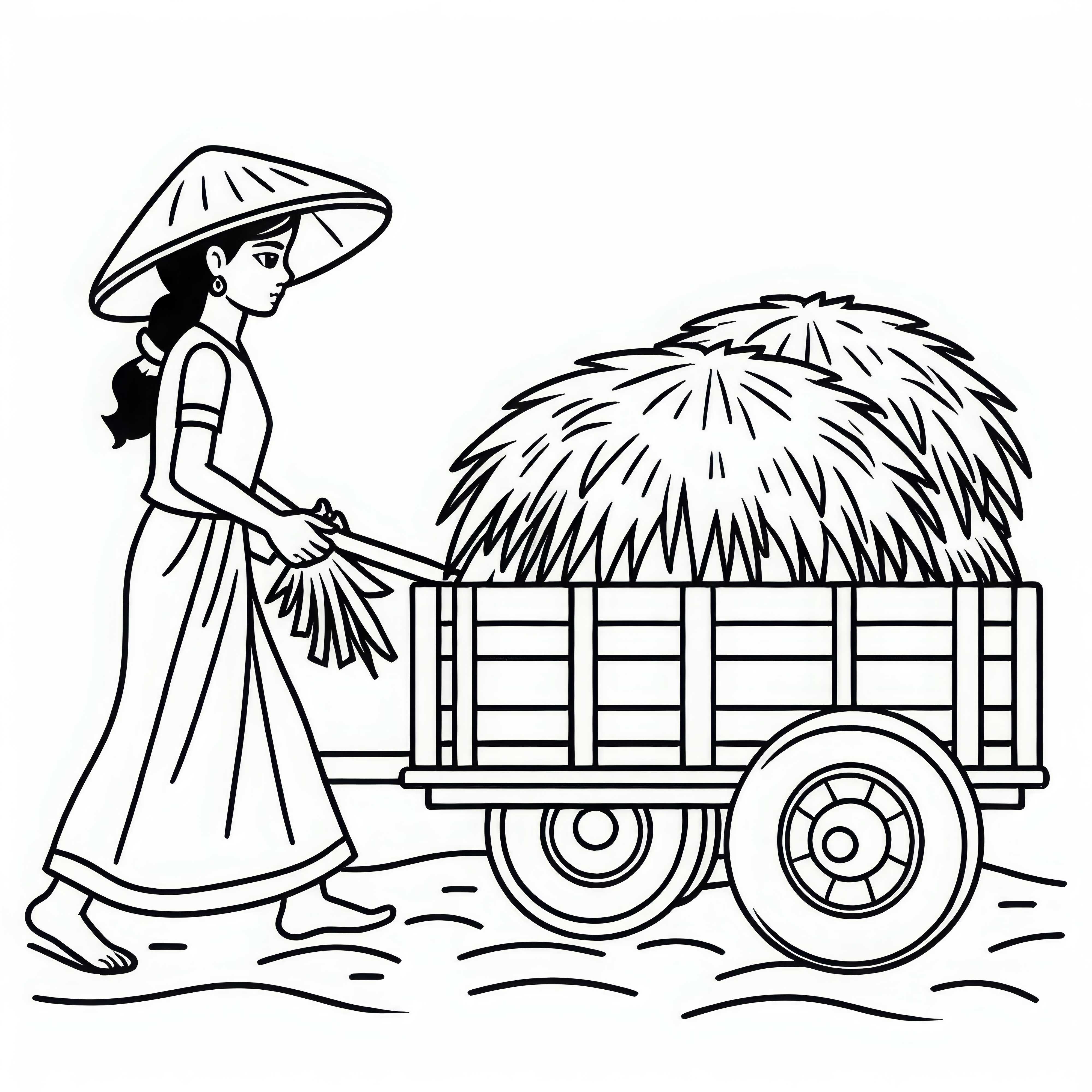 Landwirtin transportiert Heu mit Anhänger – Malvorlage gratis