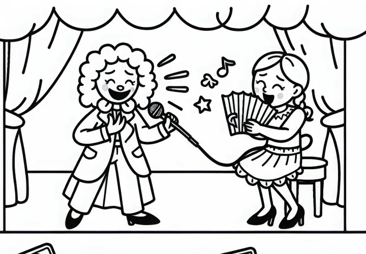 Skuespillerinde i komedierolle farvelægningsskabelon gratis