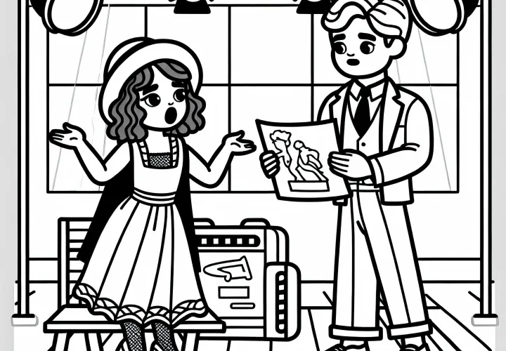 Schauspielerin bei Probe mit Regisseur - Ausmalbild Kostenlos