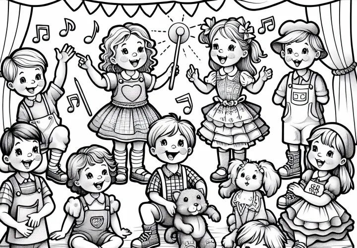 Børn, der udgiver sig for at være skuespillere – Gratis farvelægningsskabelon