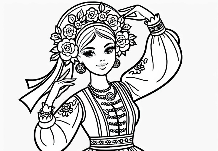 Dançarina em roupas tradicionais durante uma dança folclórica – Desenho para colorir grátis Dançarina em roupa tradicional no baile folclórico – Desenho para colorir grátis