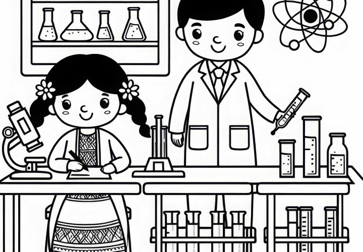 Científicos en el laboratorio con tubos de ensayo – Plantilla para colorear gratis